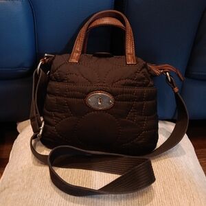 FOSSIL KEY-PER FOSSIL WOMENS CROSSBODY TOTE Black FABRIC/BROWN  LEATHER ZIP BAG